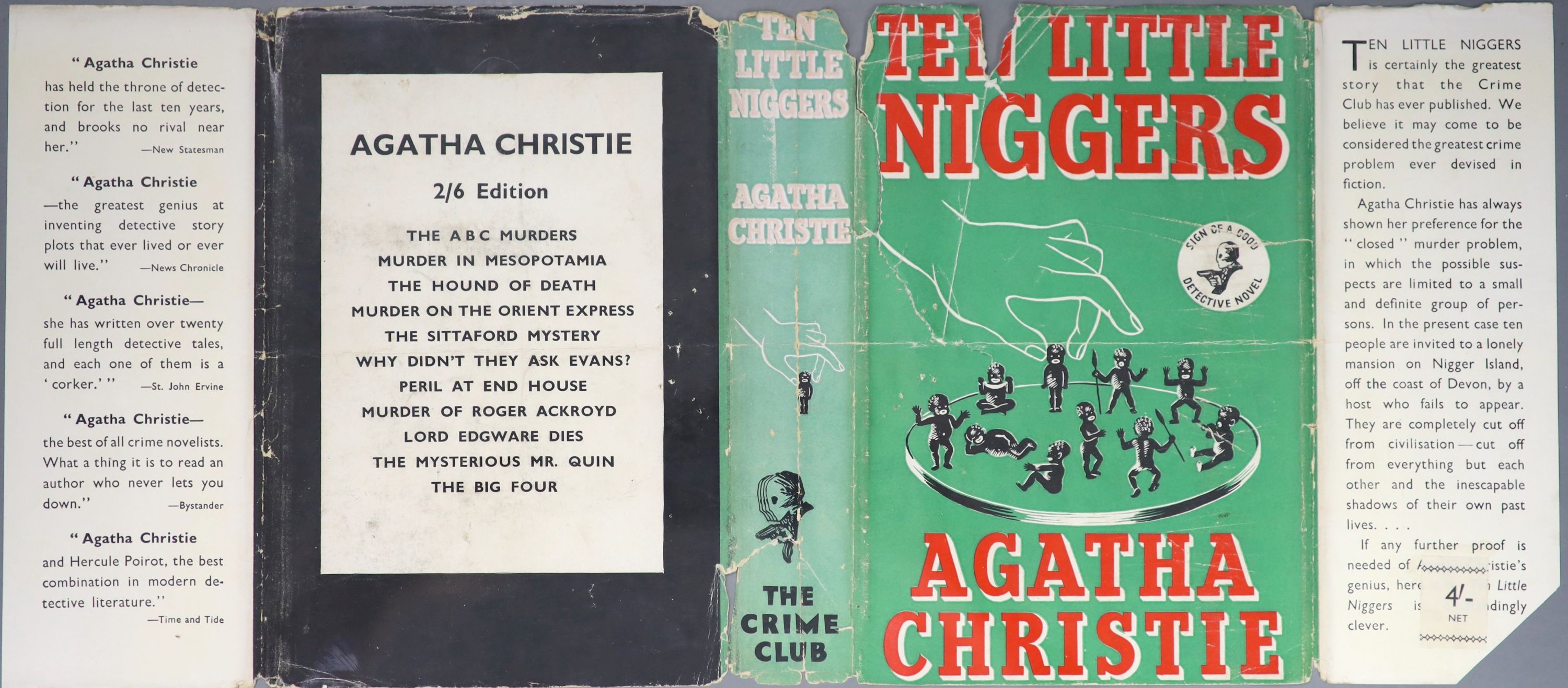 Christie, Agatha - Ten Little Niggers, 1st edition, 8vo, ad at rear for Hercule Poirot’s Christmas and Appointment with Death, original cloth in torn clipped d/j, Collins for the Crime Club, London, 1939